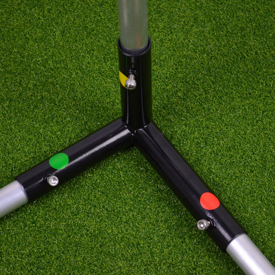 Close up of three way corner fitting for DIY Golf Enclosure with alluminum poles inserted