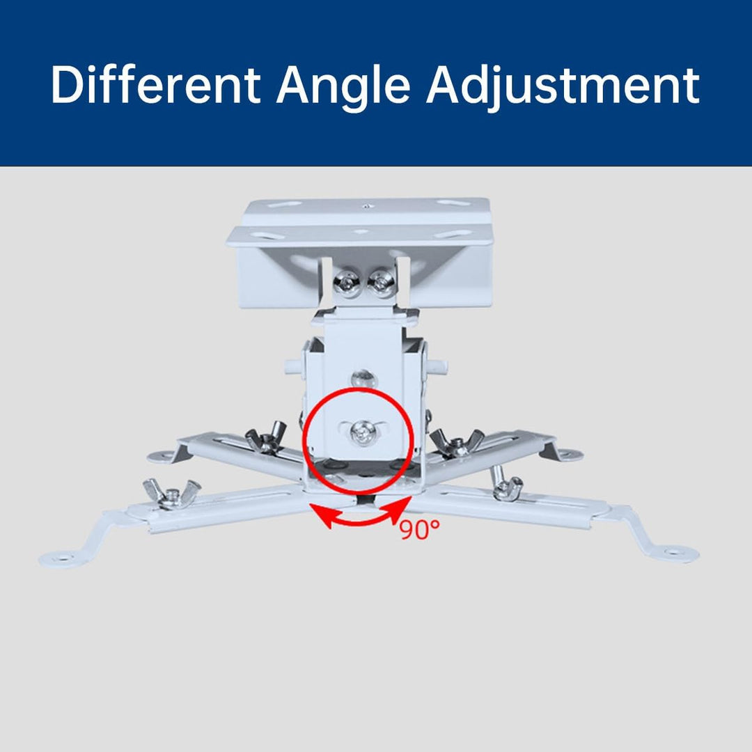Ceiling mount with adjustable arm on a beige background, labeled 'Different Angle Adjustment'.
