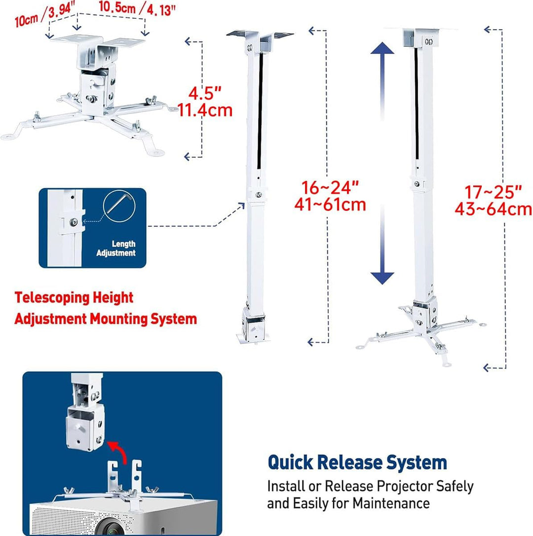 Telescoping height adjustment mounting system with quick release system for projector installation.