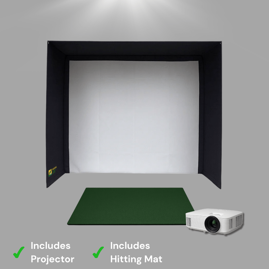 Golf practice simulator setup with projector and hitting mat on a gray background