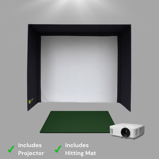 Golf practice simulator setup with projector and hitting mat on a gray background