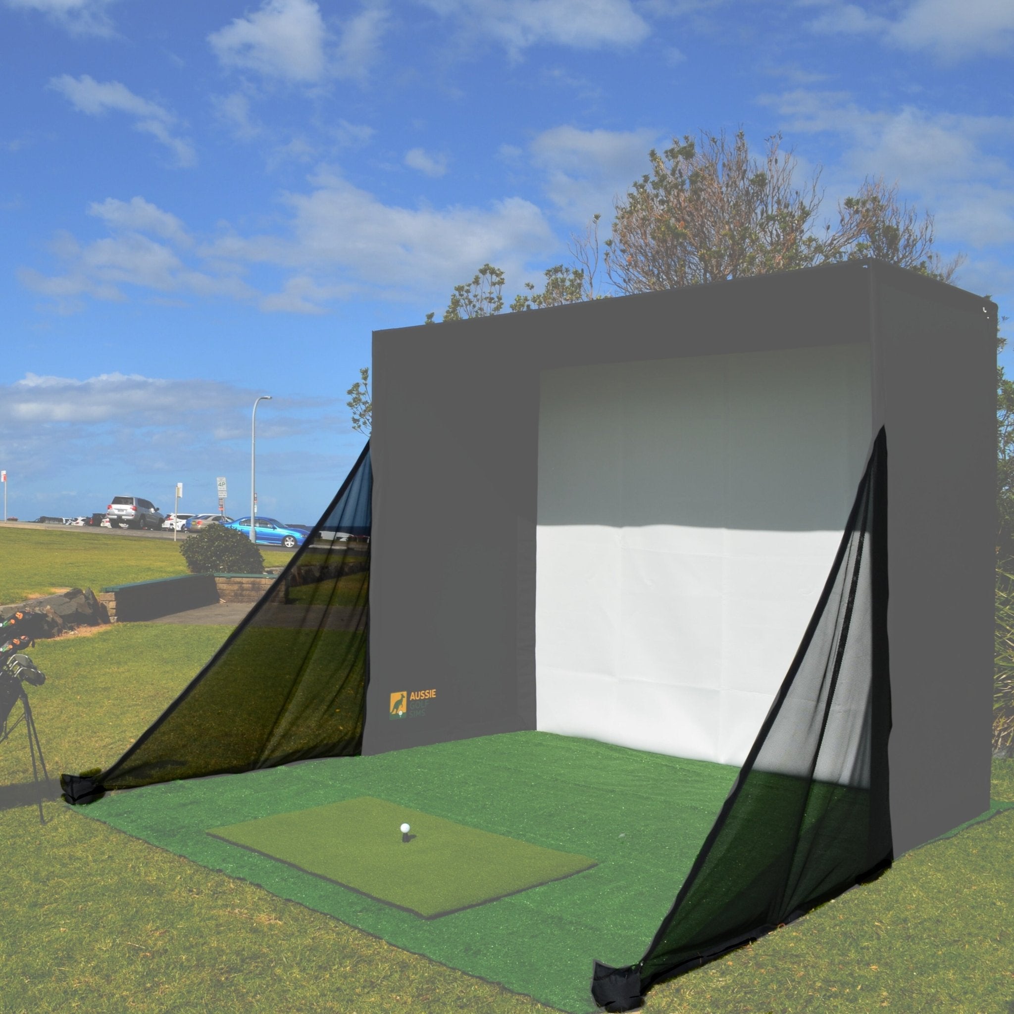 RooBox Golf Simulator set up outdoors with side netting highlighted