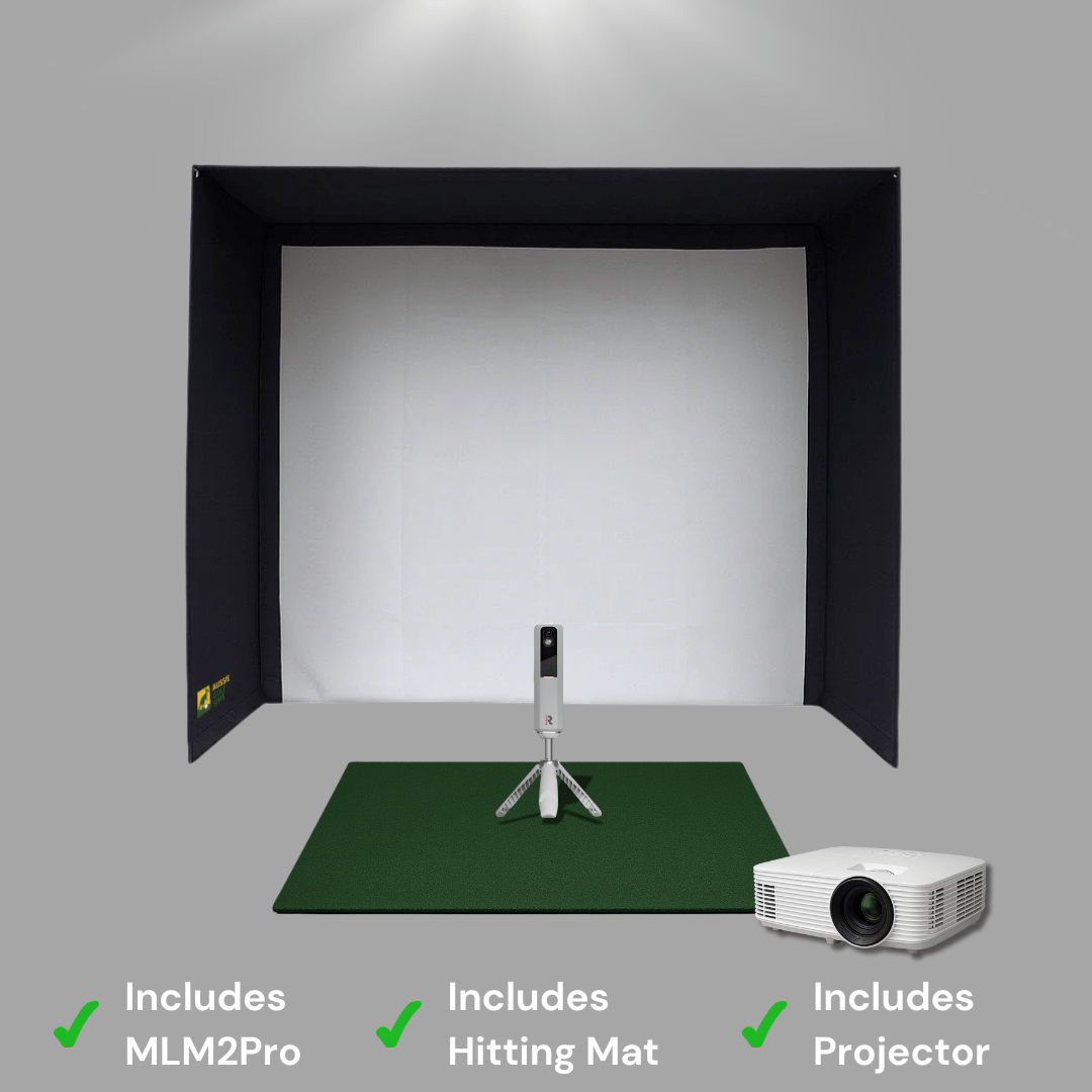 Golf simulator Enclosure with hitting matt, rapsodo mlm2pro and projector on grey background