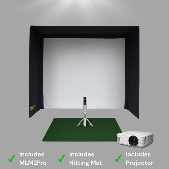 Golf simulator Enclosure with hitting matt, rapsodo mlm2pro and projector on grey background