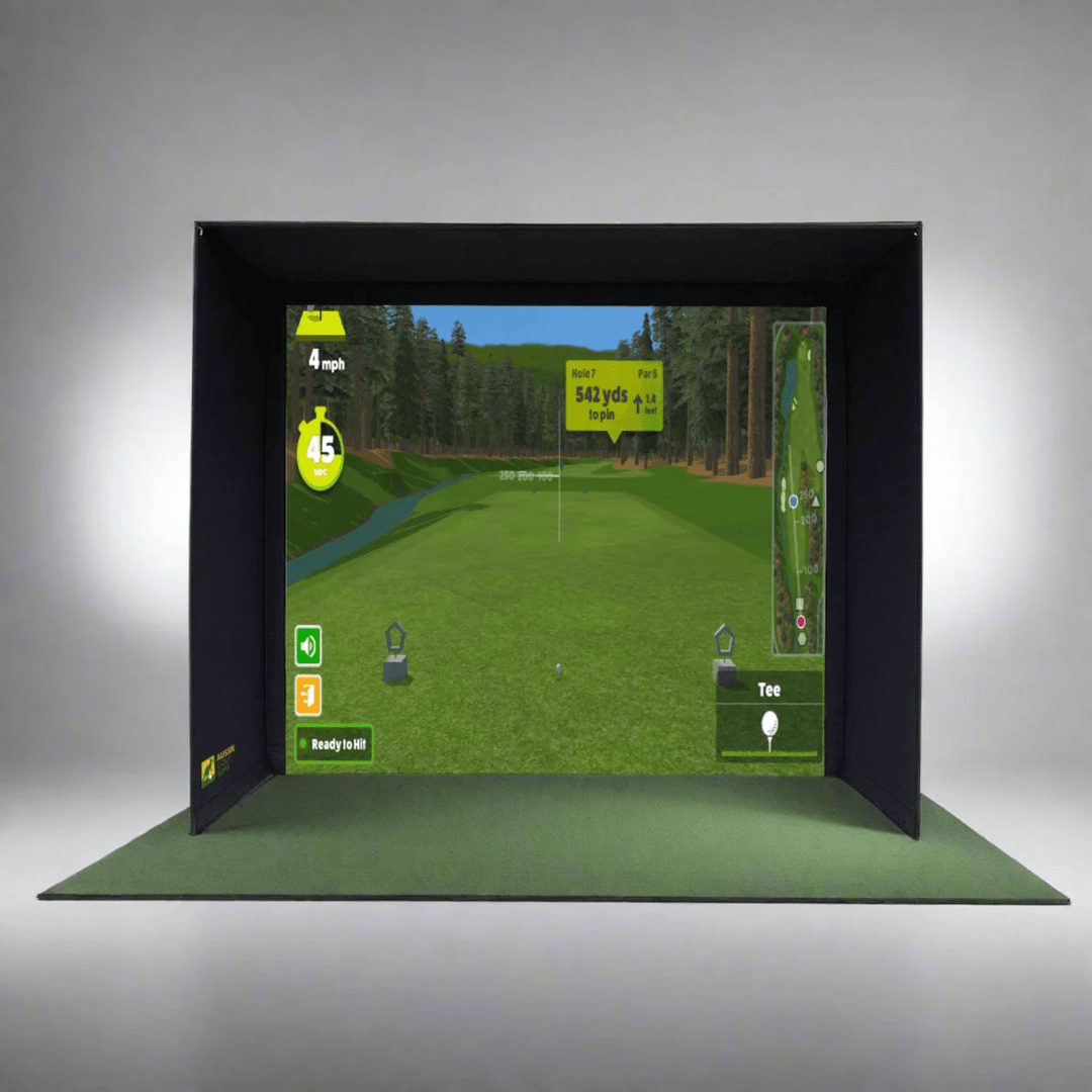 Golf simulator screen displaying a virtual golf course on a green mat.