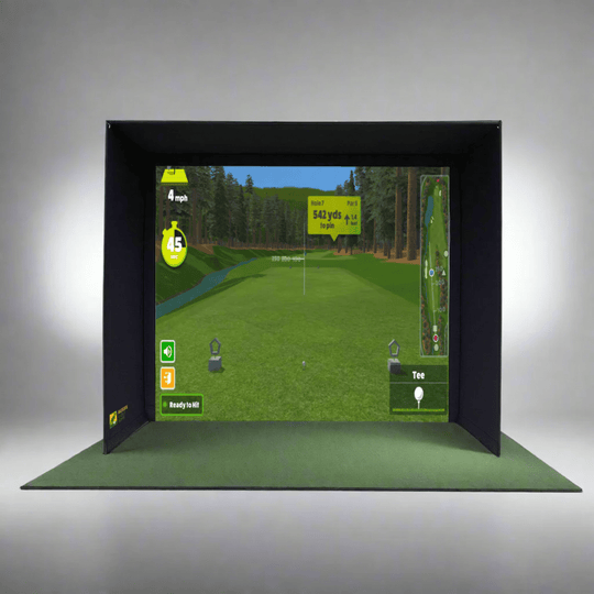 Golf simulator screen displaying a virtual golf course on a green mat.