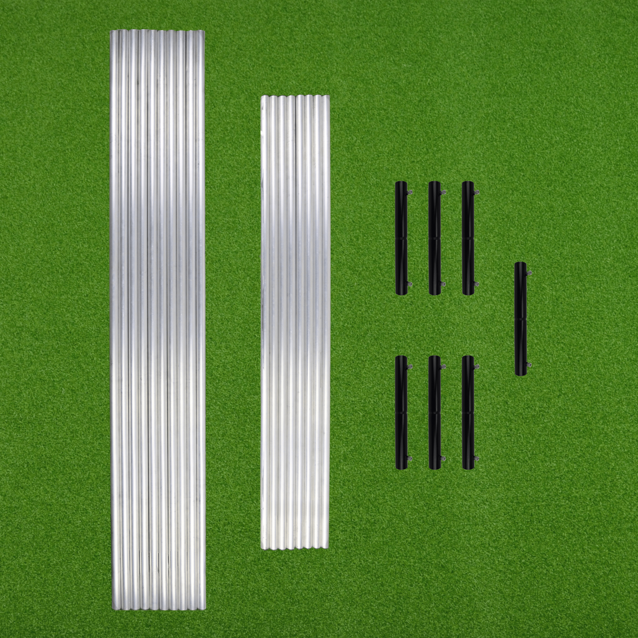 Aluminum tubing with straight connectors on green turf