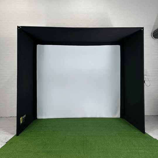front on roobox golf simulator enclosure wiwth green grass underneath