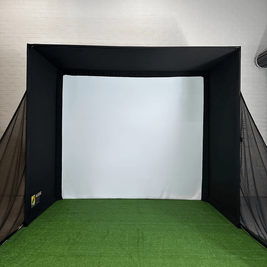 The RooBox golf simulator enclosure front on with side netting