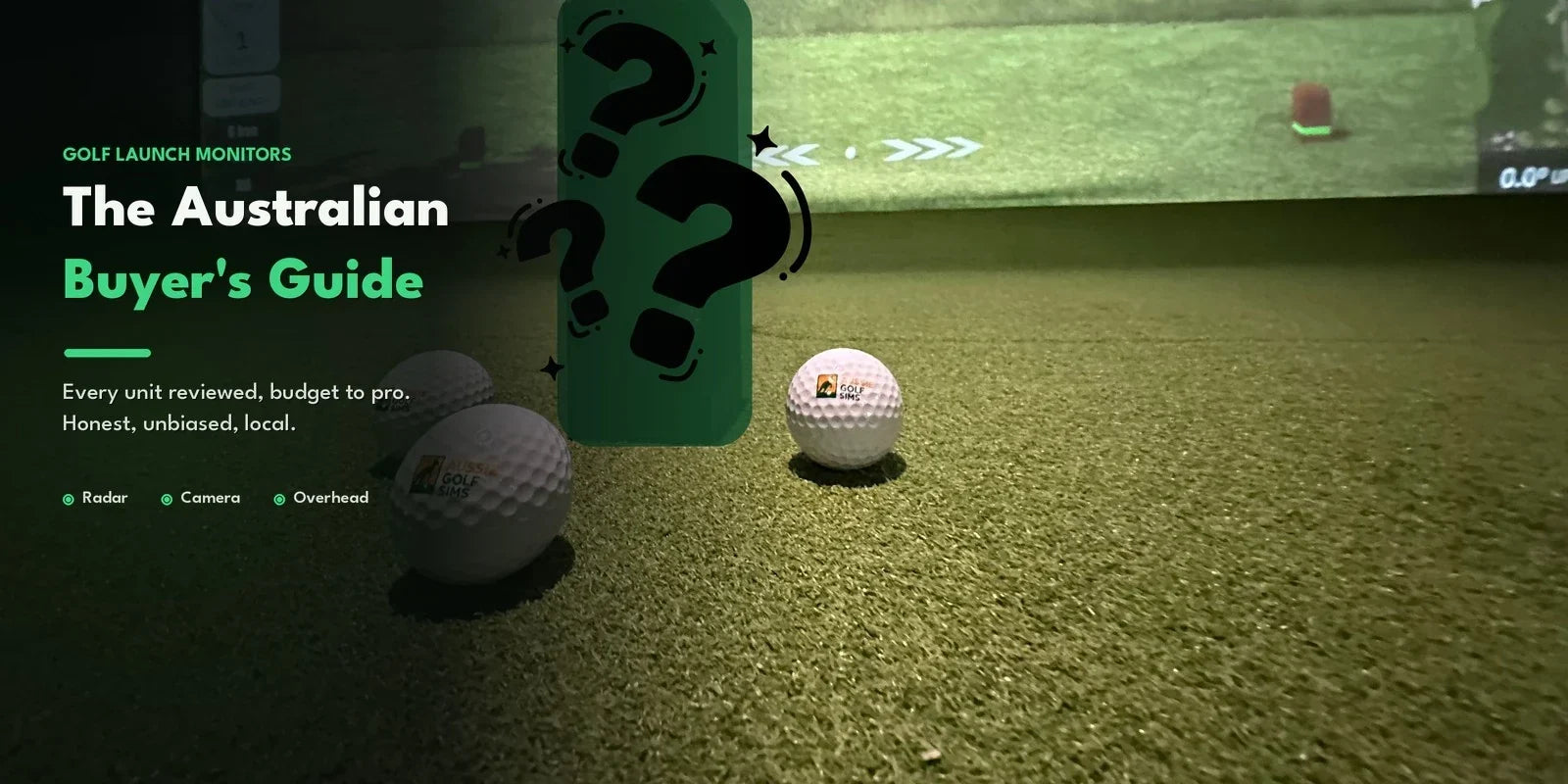 Aussie Golf Sims branded golf balls in a simulator with a question mark badge - The Australian launch monitor buyer's guide