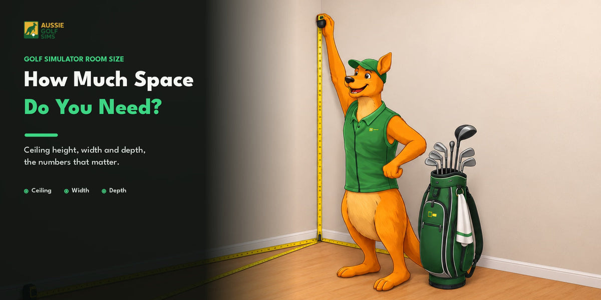 Aussie Golf Sims kangaroo mascot measuring a room with a golf bag - golf simulator room size guide