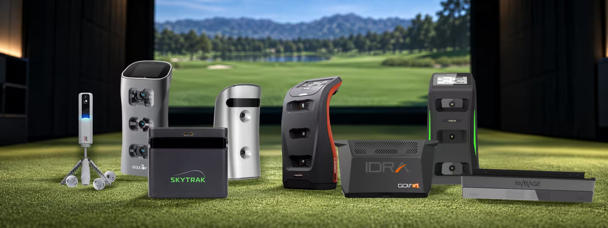 Golf Lanch monitors displayed on grass with a golf simulator screen backdrop