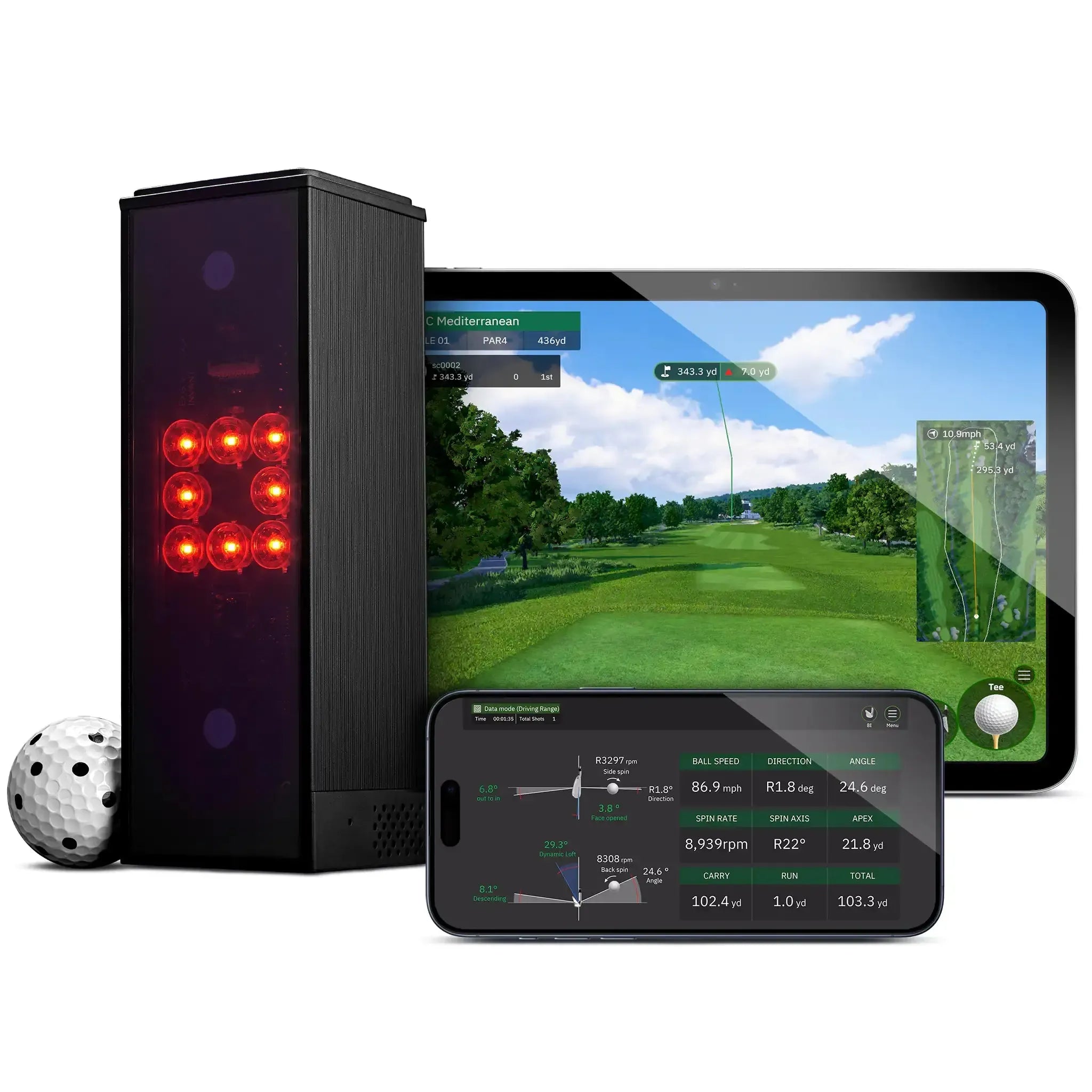 Black Square Golf Launch Monitor with red lights, a golf ball, and screens displaying golf course and shot data.