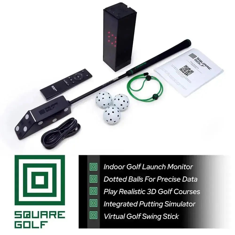 Black Square Golf indoor launch monitor kit with remote, swing stick, dotted balls, and green accessories.