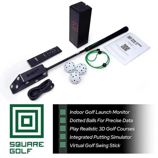 Black Square Golf indoor launch monitor kit with remote, swing stick, dotted balls, and green accessories.