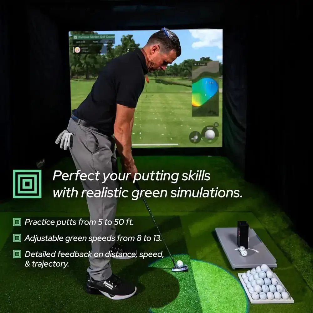 Man putting on a green golf mat with a Square Golf Launch Monitor and screen displaying a golf course.