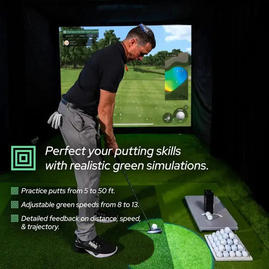 Man putting on a green golf mat with a Square Golf Launch Monitor and screen displaying a golf course.