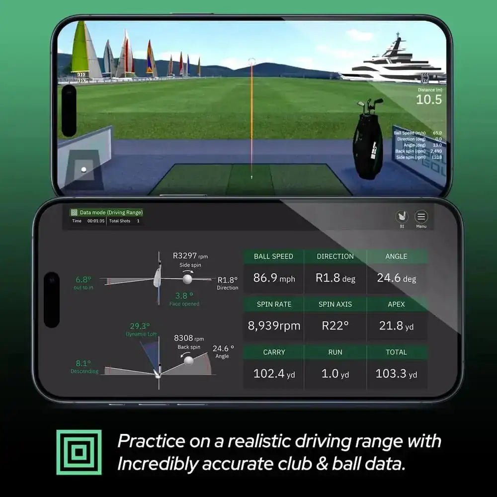 Black smartphone displaying golf launch monitor data: a driving range simulation and detailed swing analytics.