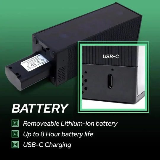 Black Square Golf Launch Monitor with removable lithium-ion battery and USB-C charging port.