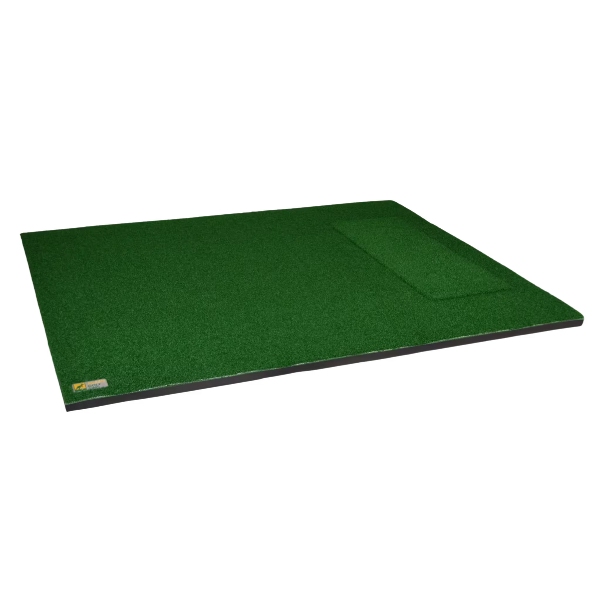 A rectangular green turf golf practice mat with a textured grass-like surface and a small logo badge in the lower-left corner, shown on a plain white background.