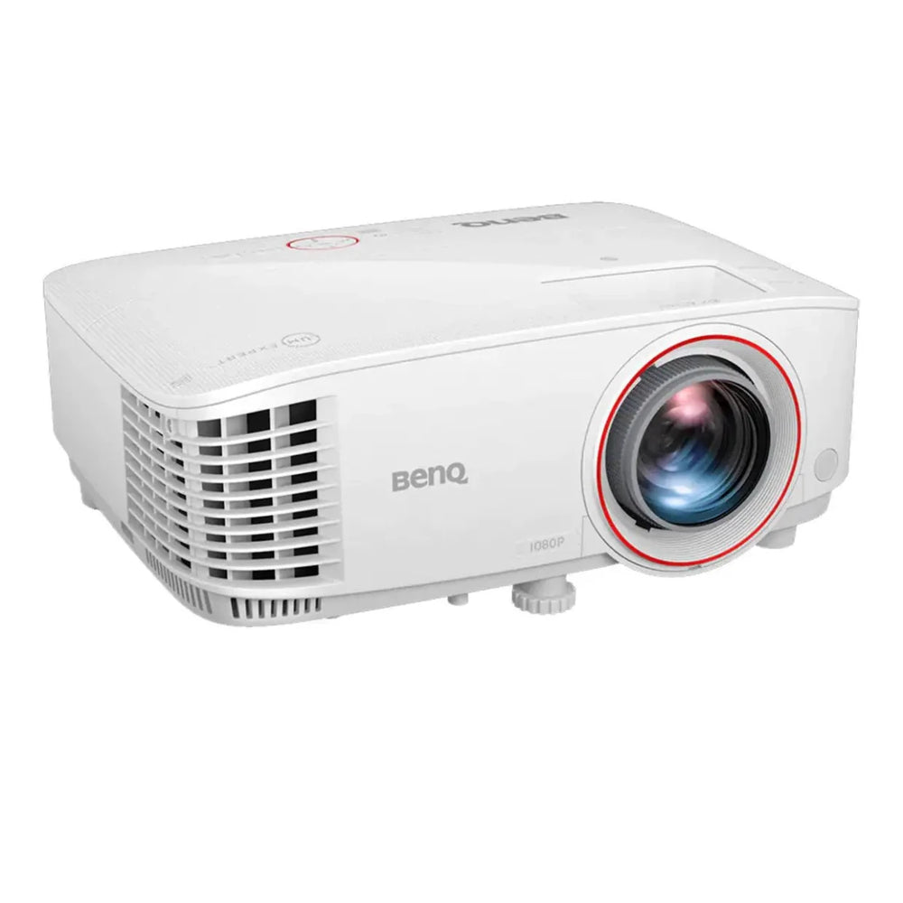 White BenQ TH671ST 1080P golf simulator projector with a prominent lens accented by a red ring.
