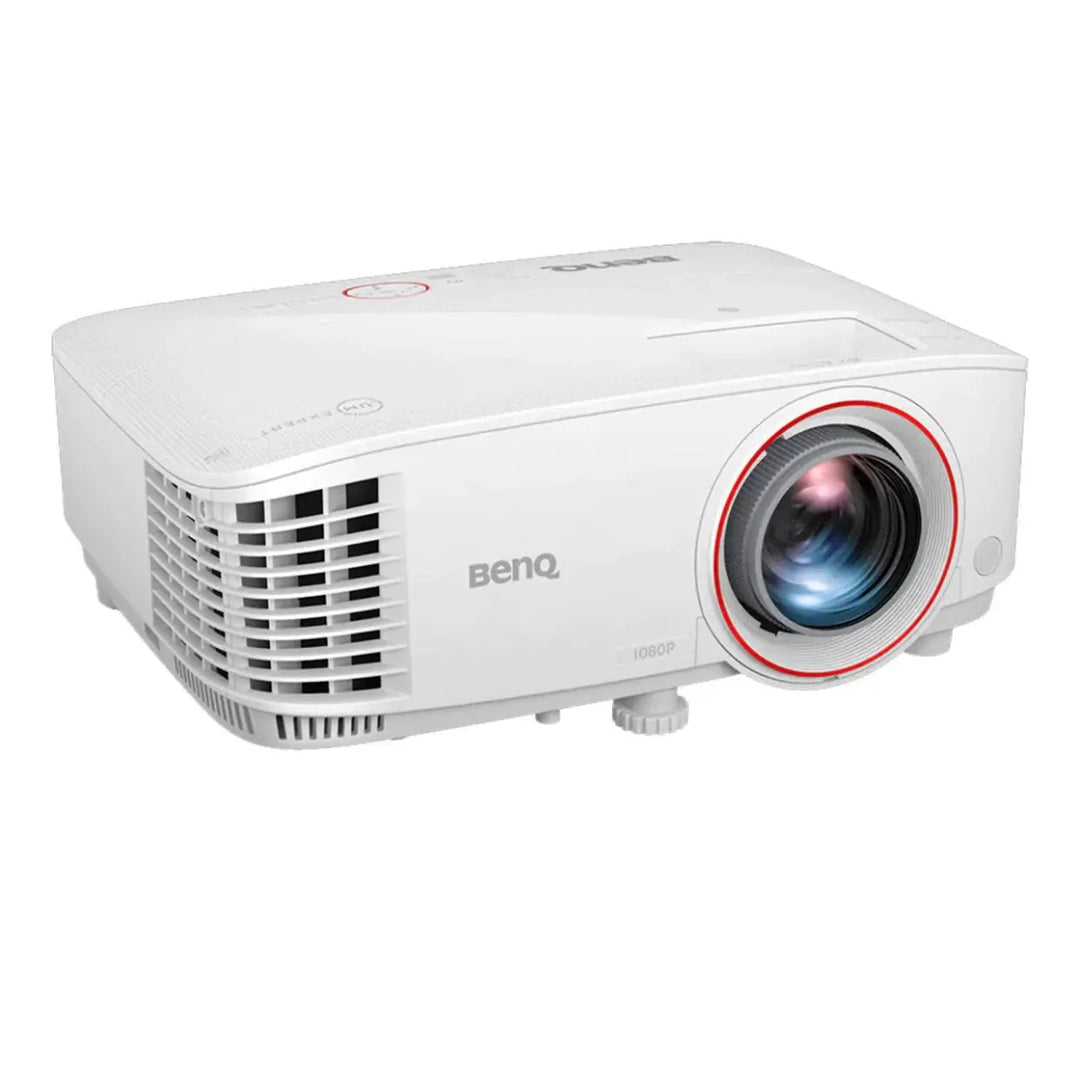 White BenQ TH671ST 1080P golf simulator projector with a prominent lens accented by a red ring.