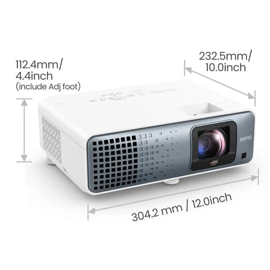 White BenQ TK710STi 4K UHD laser projector with dark gray front panel and lens, showing dimensions.