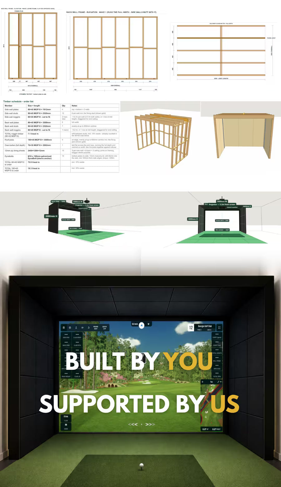 Dimensioned golf simulator enclosure frame drawing