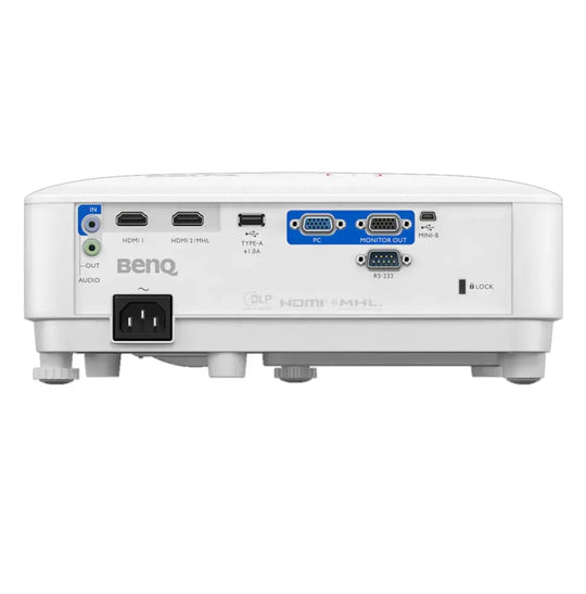 White BenQ TH671ST golf simulator projector, rear view showing various input/output ports.