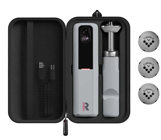 Rapsodo MLM2Pro launch monitor kit: gray device, tripod, black case, and three Callaway golf balls.