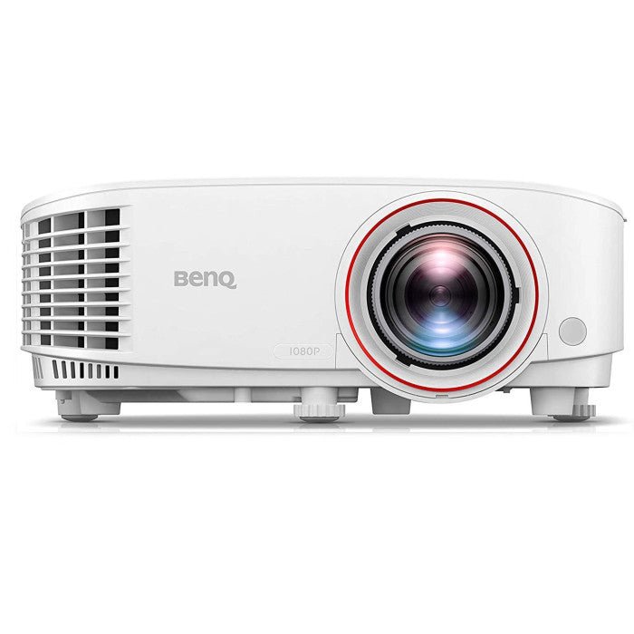 White BenQ 1080p projector with a red ring around the lens, perfect for a golf simulator.