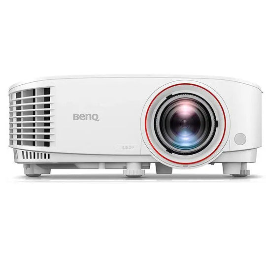 White BenQ 1080p projector with a red ring around the lens, perfect for a golf simulator.