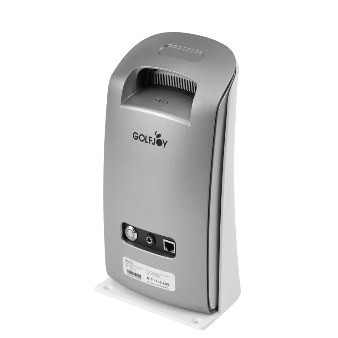 Silver Golf Joy GDS Pro launch monitor, compact with rear ports, on a white base.