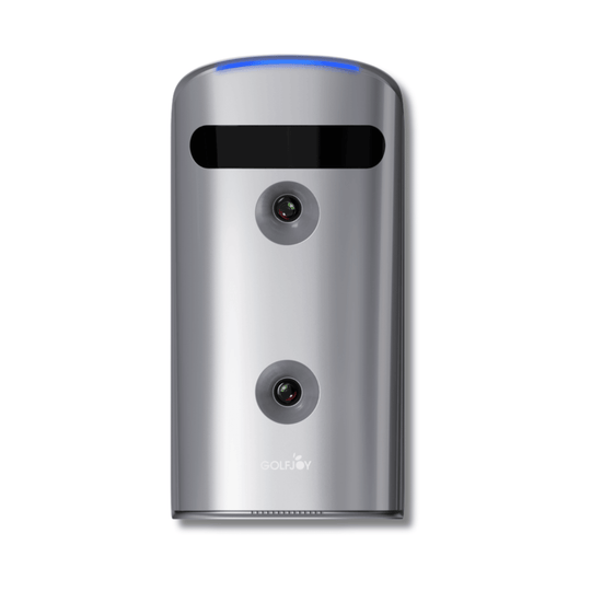 Silver Golf Joy GDS Pro launch monitor with dual cameras and a blue LED light at the top.