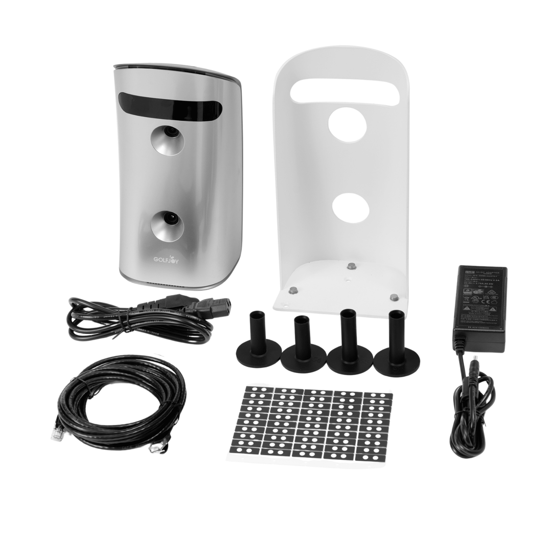 Silver Golf Joy GDS Pro launch monitor, white mount, power adapter, cables, and impact stickers.