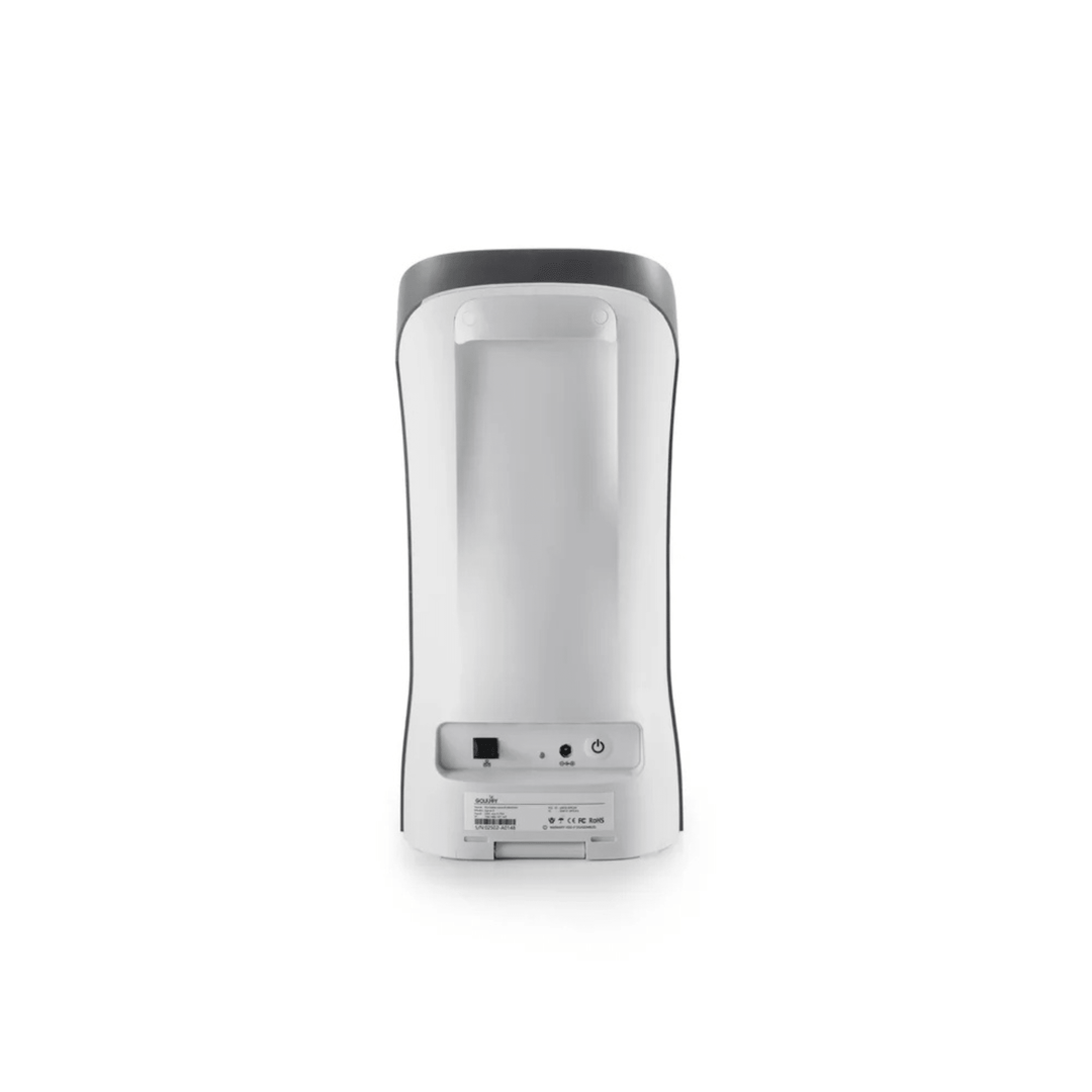 Back view of a white Golf Joy Spica 3 launch monitor with a dark gray top and power controls.