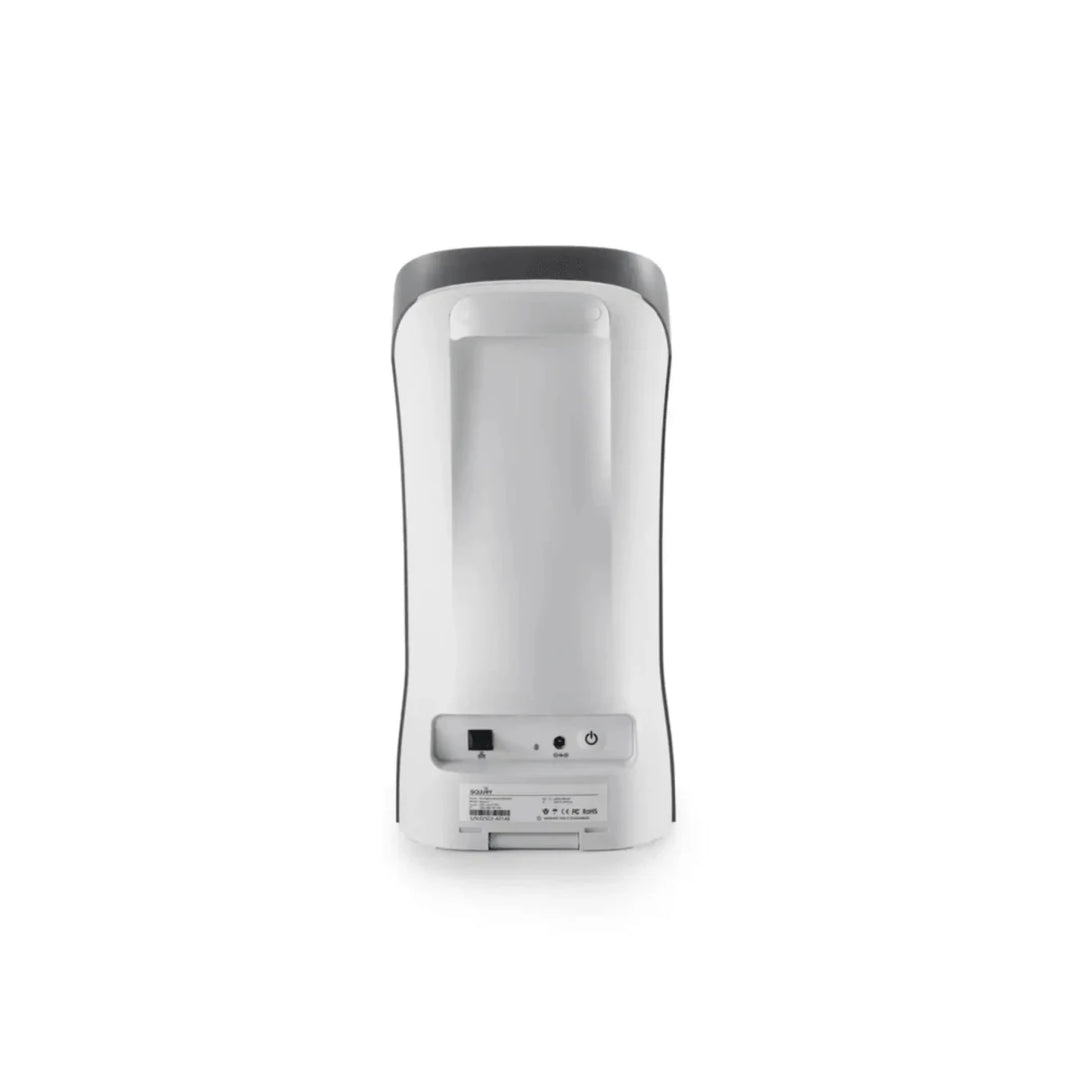 Back view of a white Golf Joy Spica 3 launch monitor with a dark gray top and power controls.