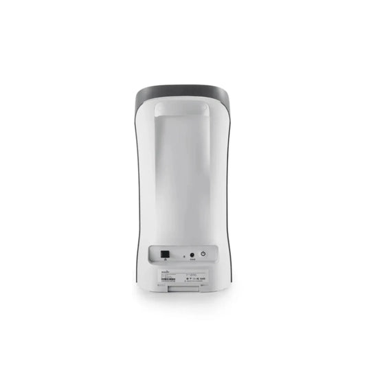 Back view of a white Golf Joy Spica 3 launch monitor with a dark gray top and power controls.