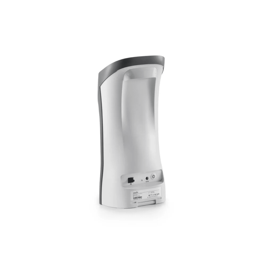 White Golf Joy Spica 3 launch monitor with dark gray trim, showing rear ports and power button.