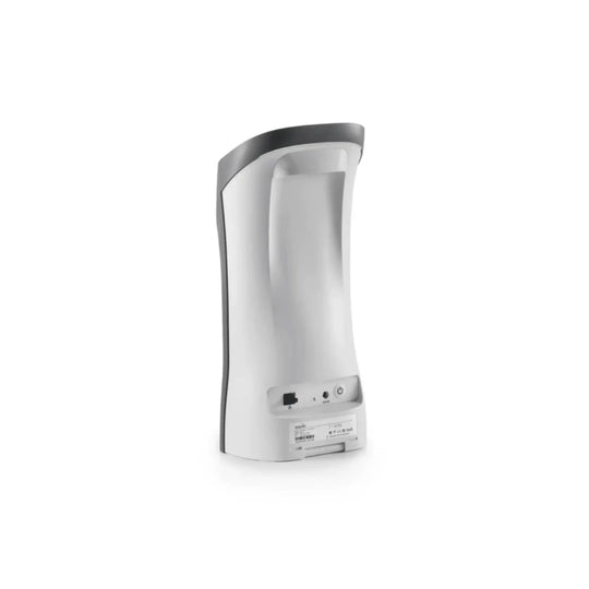 White Golf Joy Spica 3 launch monitor with dark gray trim, showing rear ports and power button.