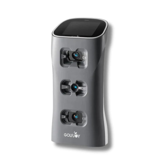 Gray Golf Joy Spica 3 launch monitor with three visible cameras and a top screen.