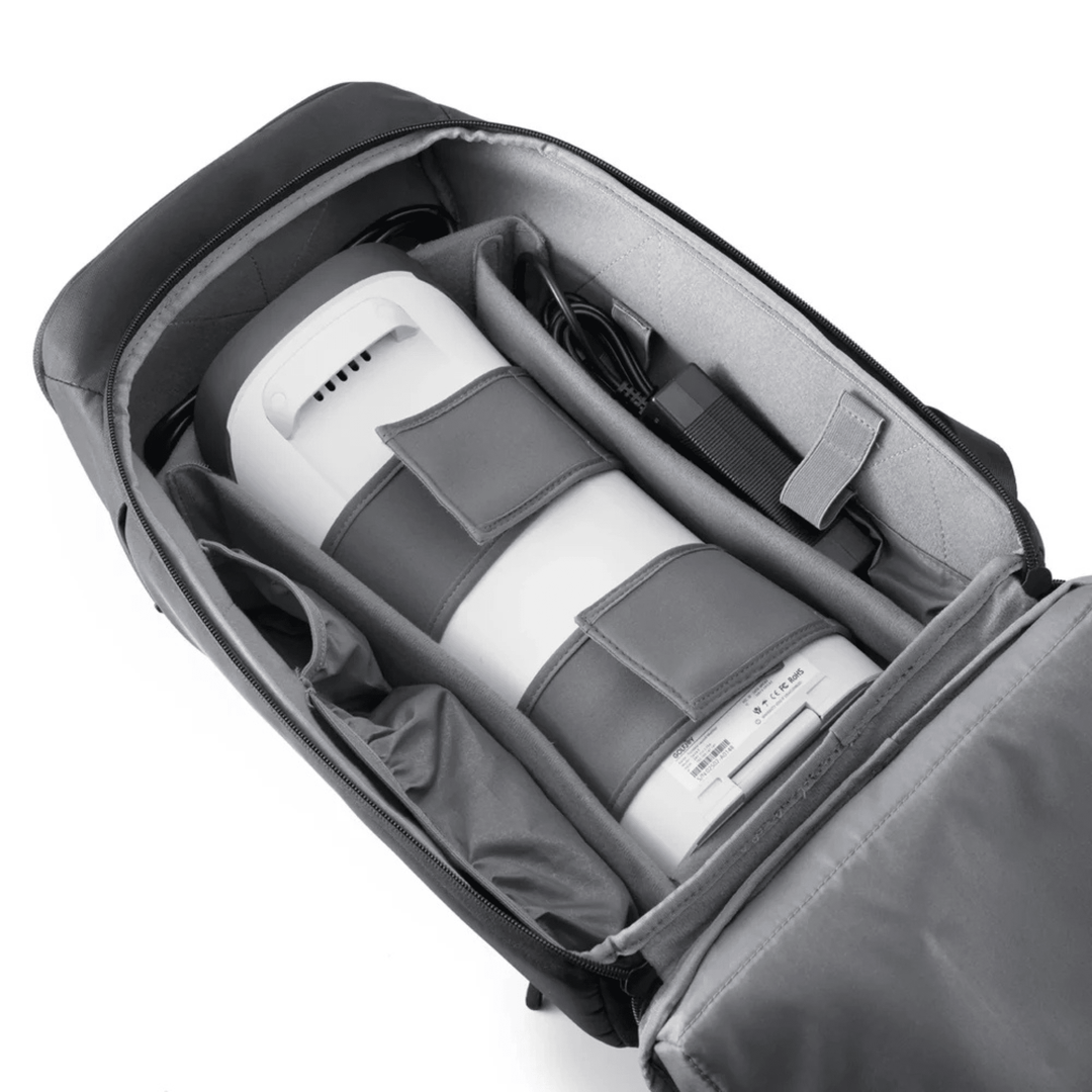 Golf Joy Spica 3 launch monitor, white with gray straps, packed in a black and gray padded carrying case.