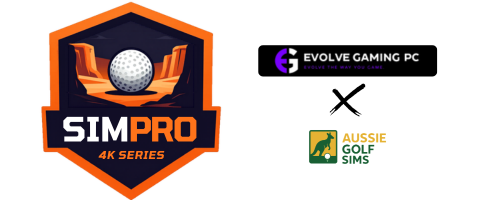 SIM Pro 4K Series logo with Evolve Gaming PC and Aussie Golf Sims logos on a white background