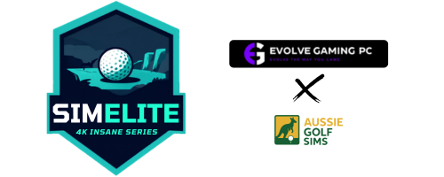 SimElite logo with Evolve Gaming PC and Aussie Golf Sims logos on a white background
