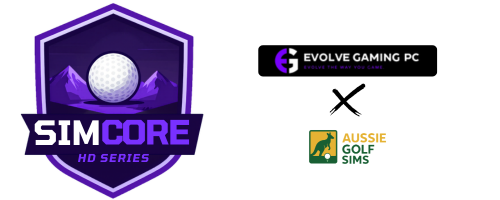 Logos of Simcore HD Series, Evolve Gaming PC, and Aussie Golf Sims on a white background