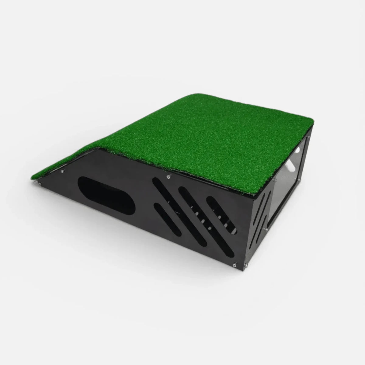 Black metal floor-mounted projector cover with green turf layer on top and clear front shield for golf simulator