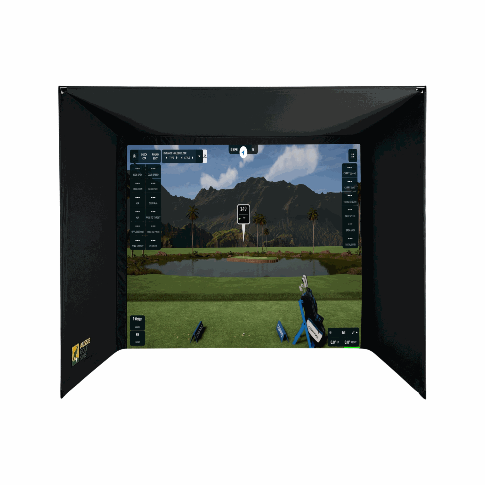 Golf simulator screen displaying a virtual golf course with mountains and trees.
