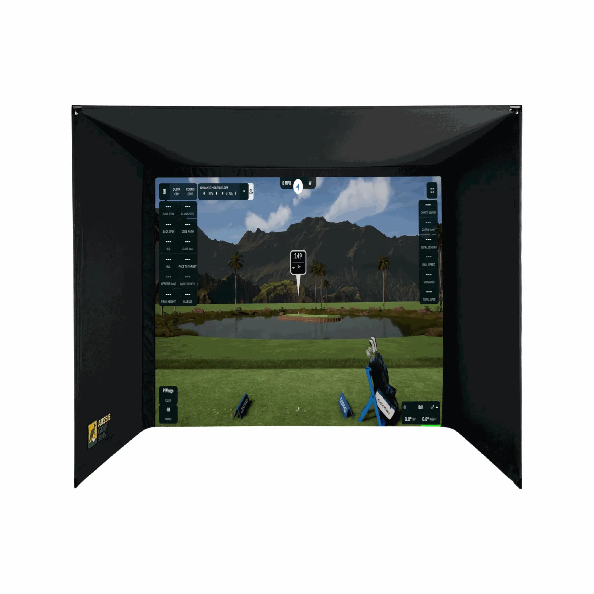 Golf simulator screen with a virtual golf course and equipment on a white background
