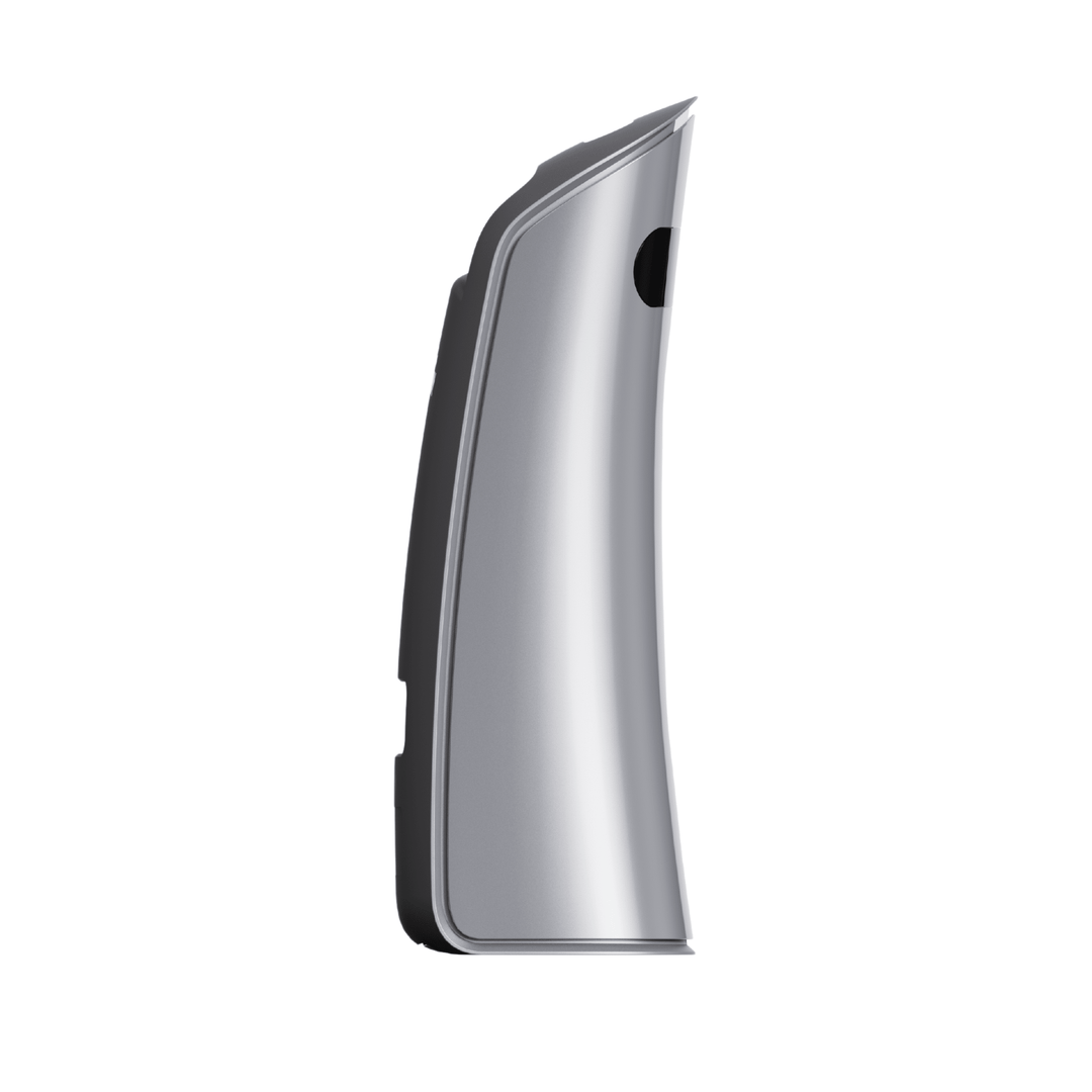 Sleek silver Golf Joy GDS Pro launch monitor, compact and curved, with a dark camera lens visible.