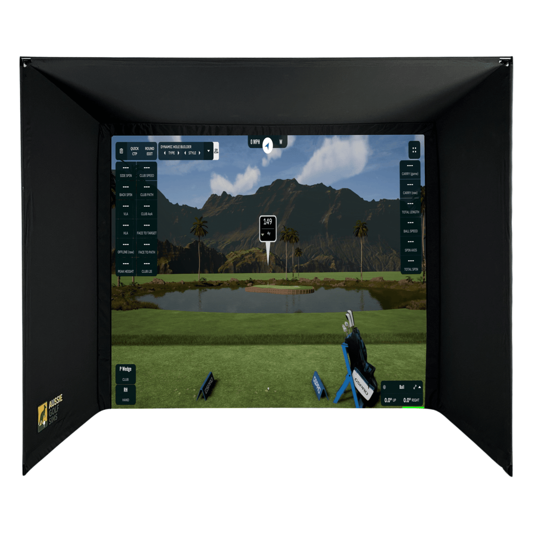 Black DIY golf simulator enclosure kit with a large screen displaying a virtual golf course.